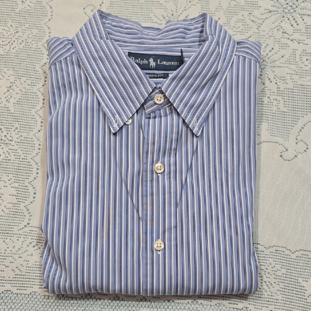 Ralph Lauren Blue and White Striped Dress Shirt Classic Fit Size XL 100% Cotton - Picture 13 of 13